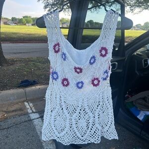 White Crochet Tank Top with Floral Accents/Handmade